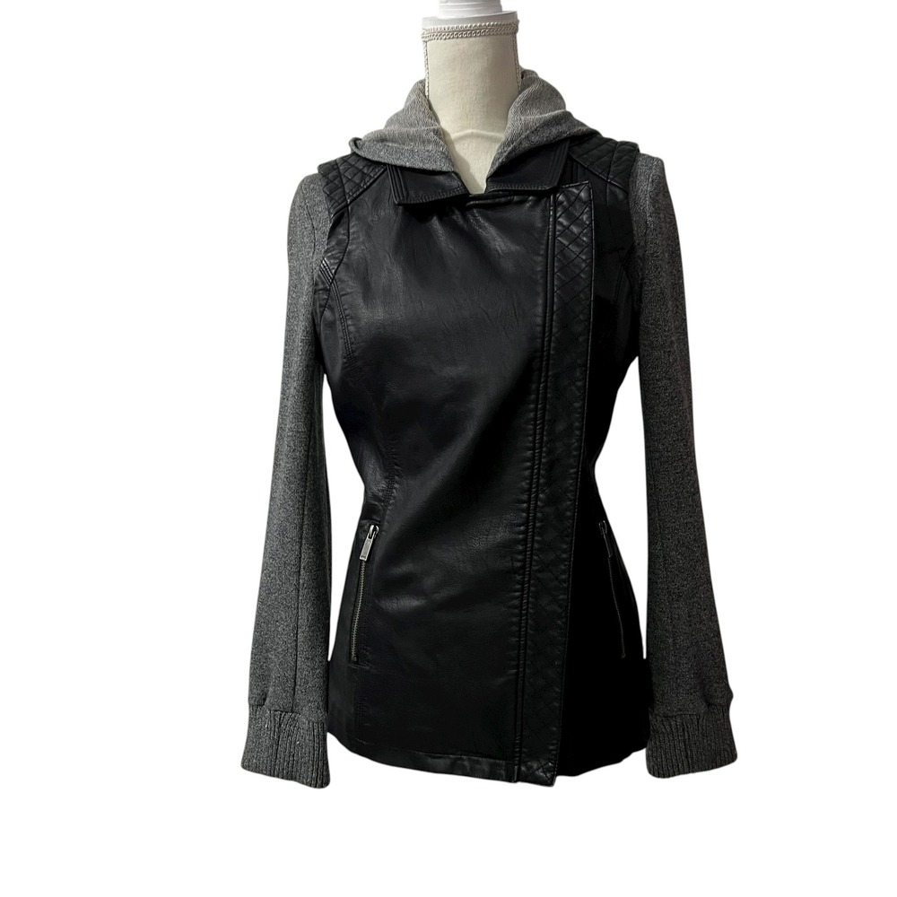 BNCI by Blanc Noir Black Faux Leather Hooded Moto Jacket Women's Size S - Picture 2 of 9